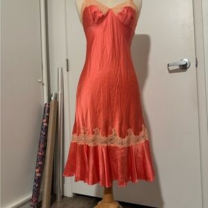Vintage Coral Satin Slip Dress with Lace Trim